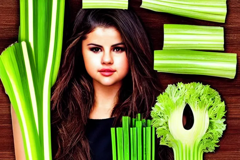 Image similar to selena gomez made out of celery, a human face with celery for hair, celery in the shape of a human face, a bunch of celery sitting on a cutting board, professional food photography