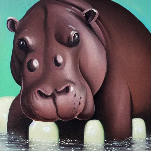 Prompt: A Cute Baby Hippo taking a bubble bath, oil on canvas