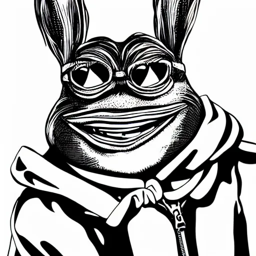 Image similar to a hyperrealistic portrait of pepe, anime, cartoon style, vector art, ink, white background