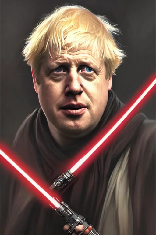 Prompt: Boris Johnson as a Jedi from Star Wars, Union Jack light saber, realistic portrait, symmetrical, highly detailed, digital painting, artstation, concept art, smooth, sharp focus, illustration, cinematic lighting, art by artgerm and greg rutkowski and alphonse mucha