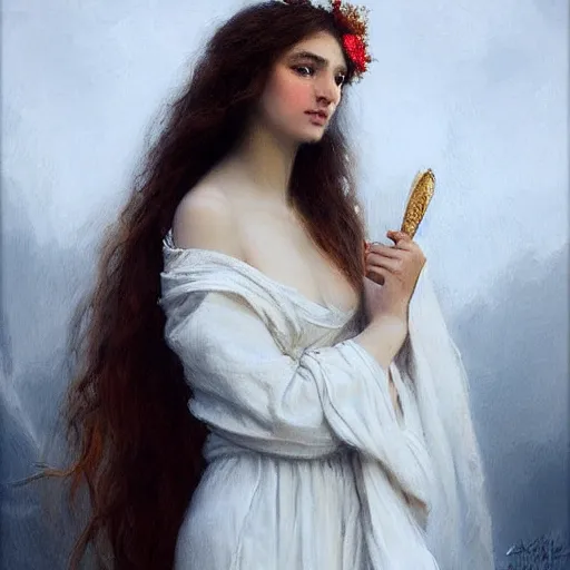 Prompt: a very very beautiful portrait of a girl on fire!!! dressed in white greek burning!!! robes!!! by charles amable lenoir, highly detailed, intricate, sharp focus, award winning art, trending on artstation