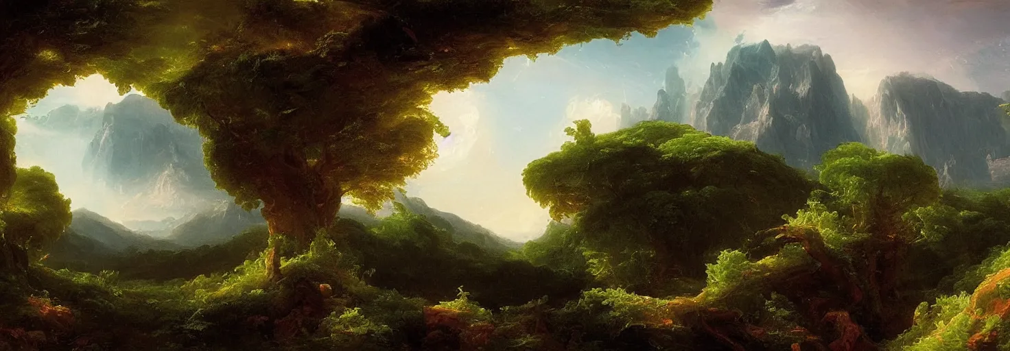 Prompt: alien exoplanet : landscape : flora and fauna : thomas cole