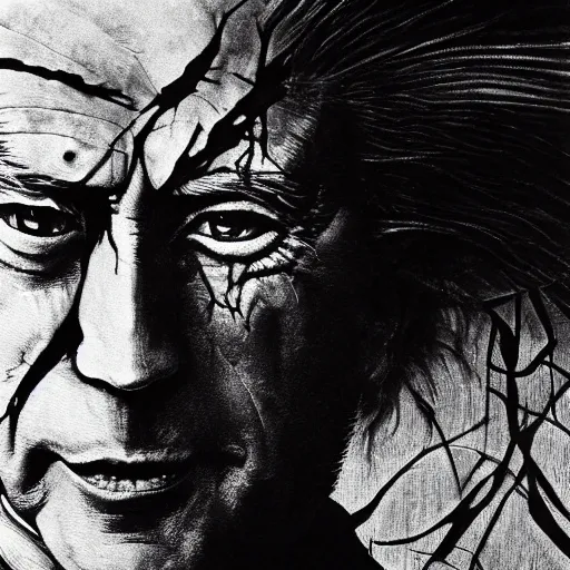 Prompt: Yoshitaka Amano realistic illustration of joe biden ,hair fluttering in the wind, cracks on his face wearing Elden ring armour with engraving, abstract black and white patterns on the background, noisy film grain effect, highly detailed, Renaissance oil painting, weird portrait angle, blurred lost edges, three quarter view