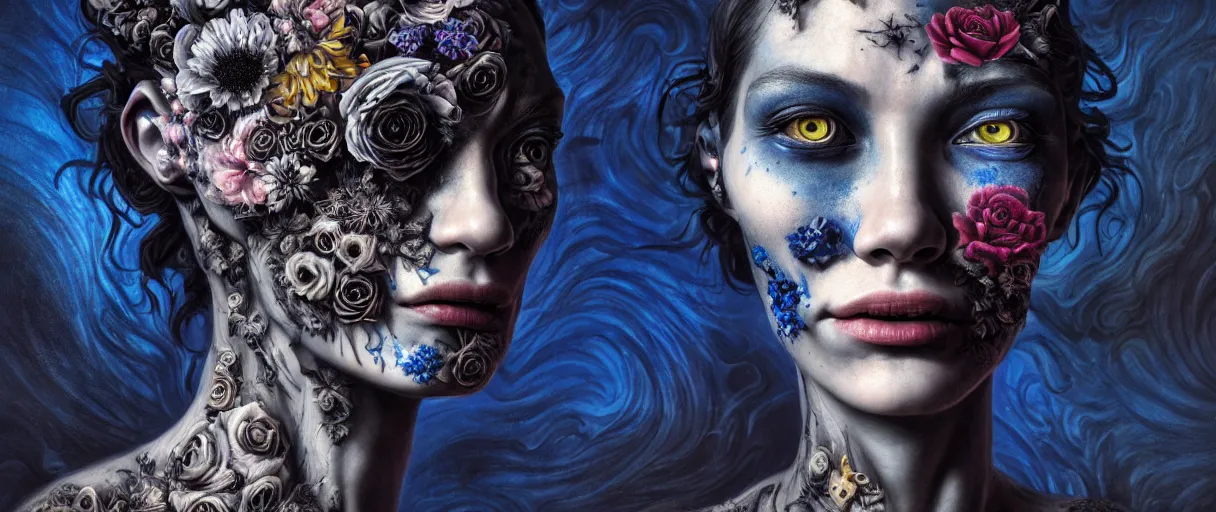 Image similar to hyperrealistic hyper detailed neo-surreal close-up 35mm portrait of cyborg covered in rococo black flower tattoos matte painting concept art hannah yata very dramatic dark blue lighting low angle hd 8k sharp shallow depth of field