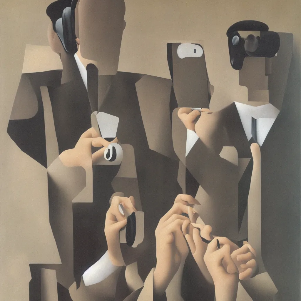 Image similar to i, a man wearing headphone and playing his iphone, by rene magritte