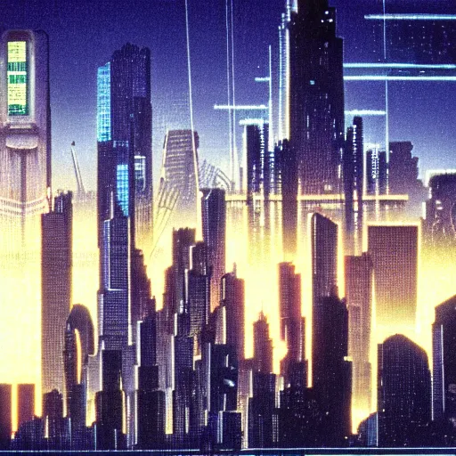 Image similar to 90's cyberpunk skyline, monolithic megastructures, beams of light, in the style of Johnny Mnemonic