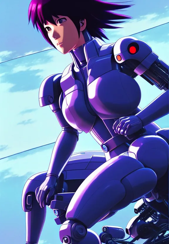 Image similar to a fullbody pose of motoko kusanagi riding a tachikoma, ghost in the shell : : connected to cables, under repairs, maintenance area, technicians : : by ilya kuvshinov, rossdraws, artgerm, sola digital arts, anti aliasing, raytracing : :