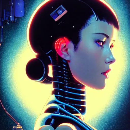 Prompt: side portrait scifi cyborg girl with robotic parts and spacesuit | | head only in center of image, audrey plaza, fine detail!! anime!! realistic shaded lighting!! poster by ilya kuvshinov katsuhiro otomo ghost - in - the - shell, magali villeneuve, artgerm, jeremy lipkin and michael garmash and rob rey