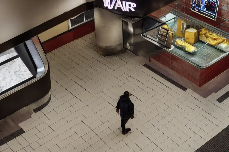 Image similar to overhead view, surveillance, a large adult tiger walking around inside of an empty fast food restaurant lobby