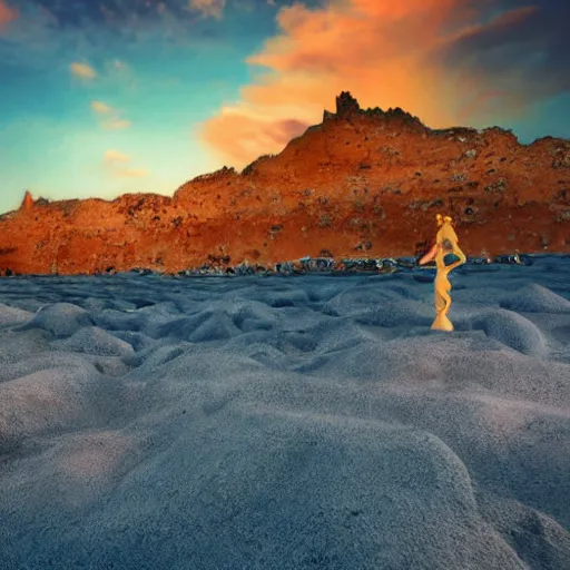 Prompt: a barren beach made from deep blue sand scattered with towering marble statues of woman in varying states of ruin, in the distance a mountain reaches towards a turbulent sky, cinematic composition, realistic, masterpiece w- 1280