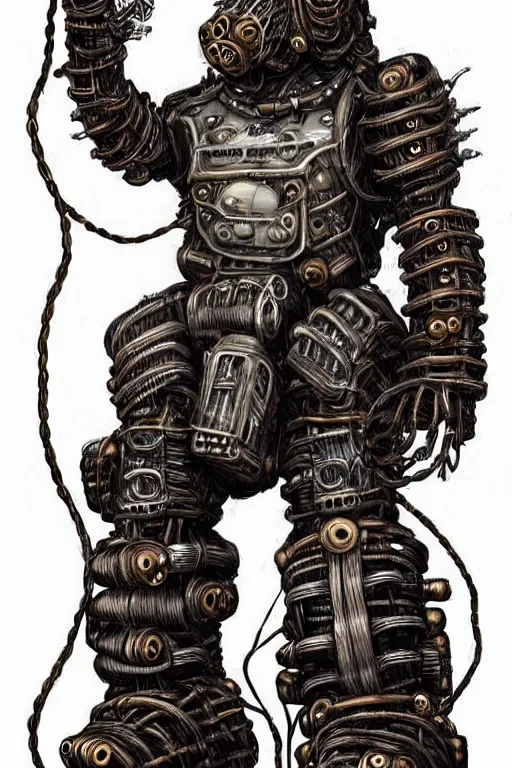 Image similar to wild monstorous anthropomorphic biomechanical bear warrior wearing dreadlocks made of cables and wires. Upgraded with hightech cyberwares. huge, big, giant bear human hybrid, mecha animal, tall, detailed woodcut armor, terrifying and dangerous, scary, beautiful, steampunk monster android hybrid art portrait, matte scifi fantasy painting, half robot half bear. DeviantArt Artstation, by Jason Felix by Steve Argyle by Tyler Jacobson by Peter Mohrbacher, cinematic lighting