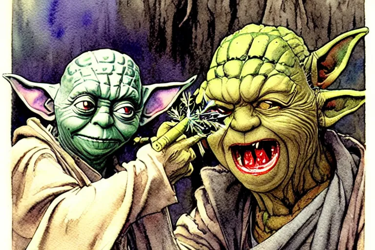 Image similar to a realistic and atmospheric watercolour fantasy character concept art portrait of yoda with bloodshot eyes laughing holding a blunt with a pot leaf nearby, by rebecca guay, michael kaluta, charles vess and jean moebius giraud