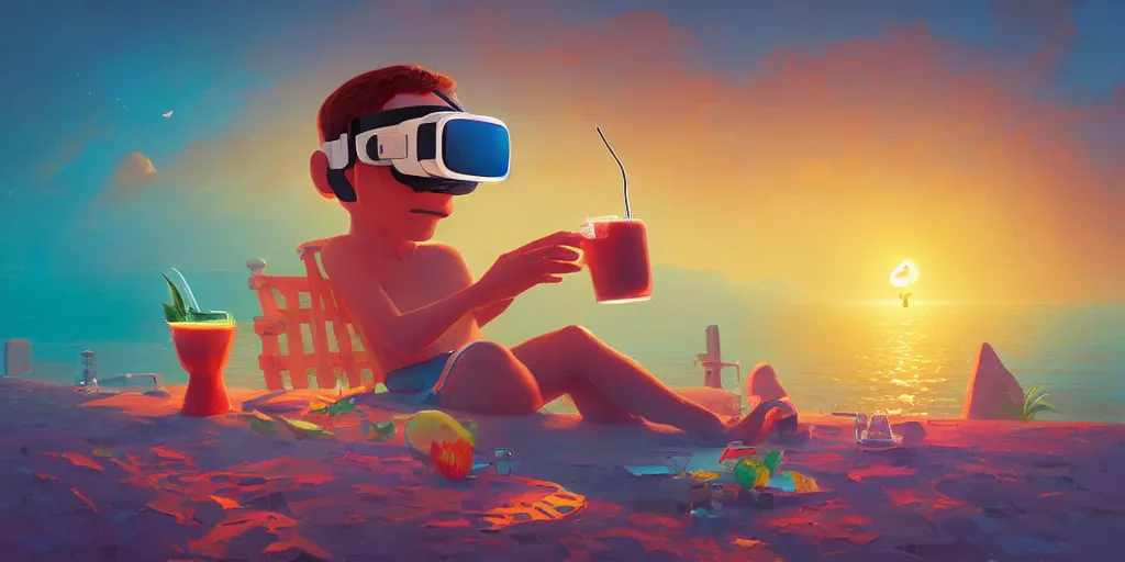 Prompt: a cutecharacter wearing a vr headset drinking a pina colada,, alena aenami, petros afshar, noah bradley, anton fadeev, anato finnstark, steve henderson, filip hodas, mark keathley, thomas kinkade, phil koch, gilbert williams, mike winkelmann, beeple