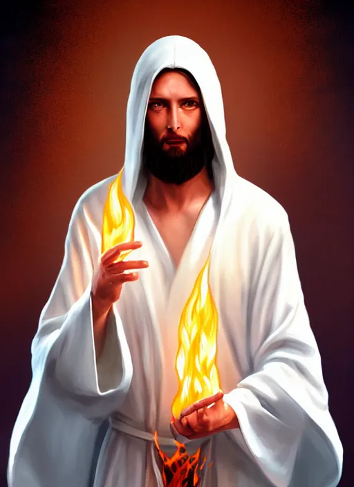 Image similar to « full length portrait of the white - tailed jesus in a white robe and flame in eyes, seven stars in right hand, grim - lighting, high - contrast, intricate, elegant, highly detailed, digital painting, artstation, concept art, smooth, sharp focus, illustration »