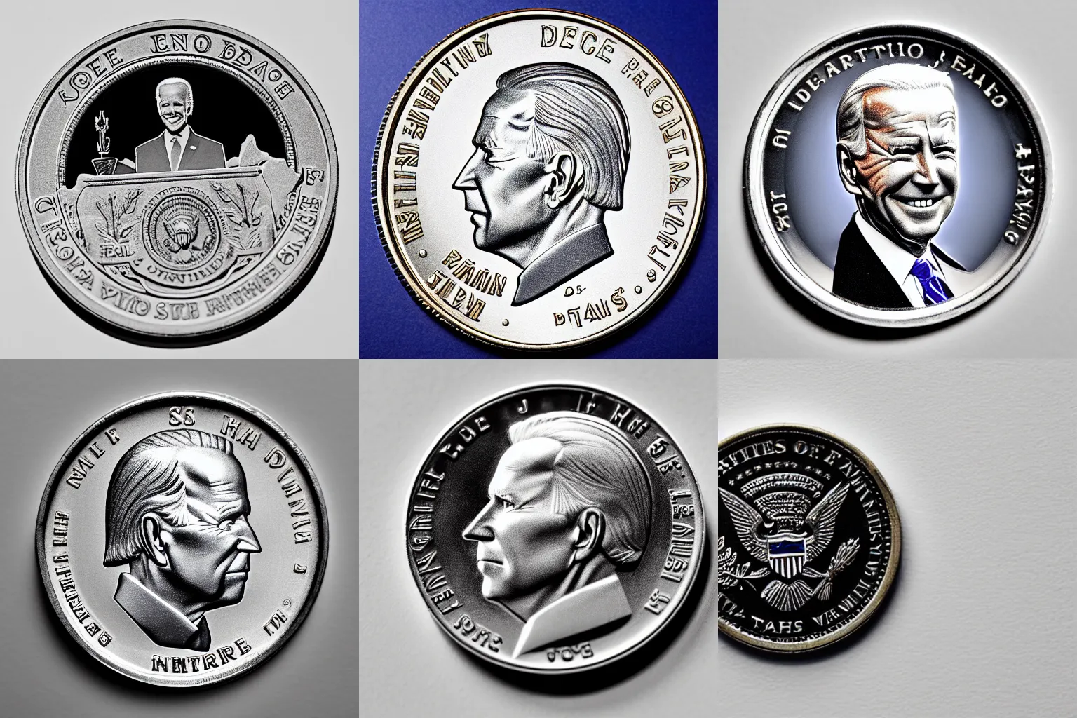 Prompt: Joe Biden U.S. coin on a white background, macro lens, dslr photo