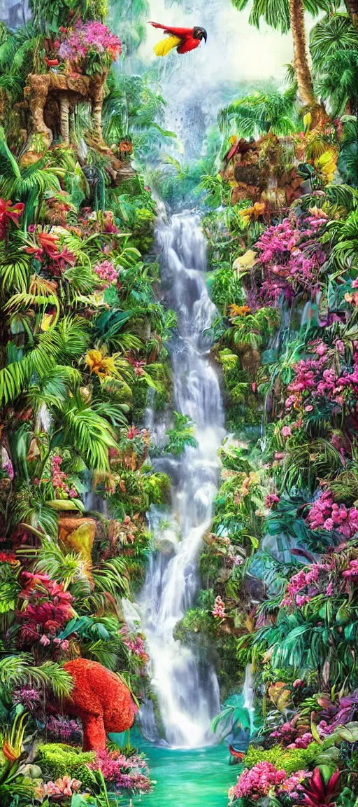 Image similar to cascading concept art of an exotic garden with waterfall pools, macaw parrots, flowers and palm trees, plumeria, detailed, highly detailed, aesthetic, realistic, hyper realism, colorful, in depth, intricate,