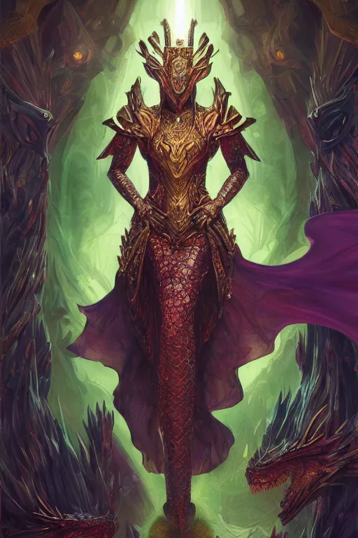 Prompt: masterpiece digital painting of a queen reptilian, dragon centered, gold obsidian armor, chaotic ruby inlays, large cape, background, by kev walker and greg rutkowski and mucha, green sparkles, artstation, deviantart, cinematic lights