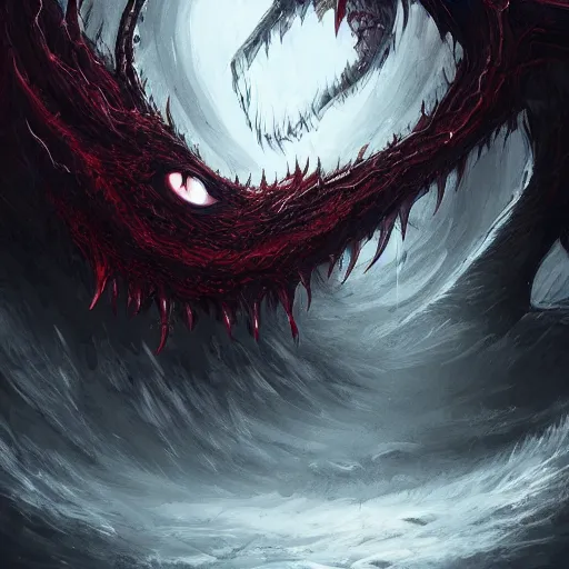 Prompt: a void beast with shadowy tendrils and piercing red eyes creeping through a white world, grunge, artstation, high quality, hyper detailed