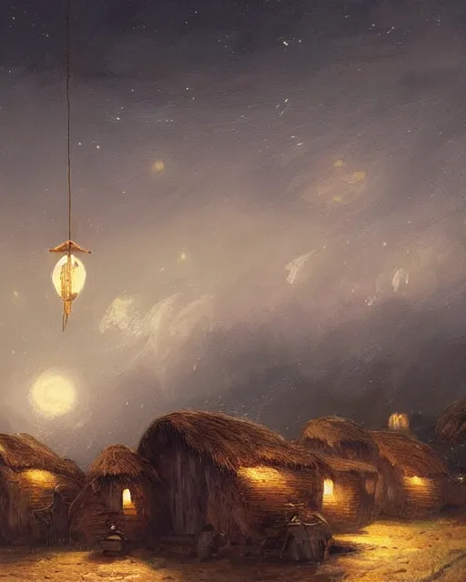 Image similar to Painting by Greg Rutkowski, a big ceramic jug with a gold ornament flies high in the dark night sky above a small village with built-up huts under thatched roofs