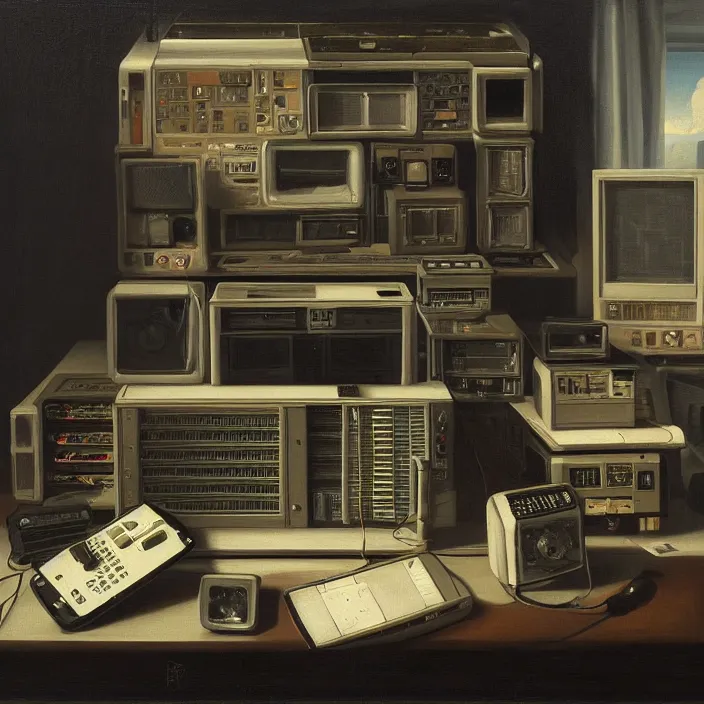 Image similar to still life painting of a retro electronics supercomputer workstation by pieter claesz, oil on canvas, blade runner vibes, strong lighting, highly detailed, hyper realism, golden hour, god rays, hd, 4 k