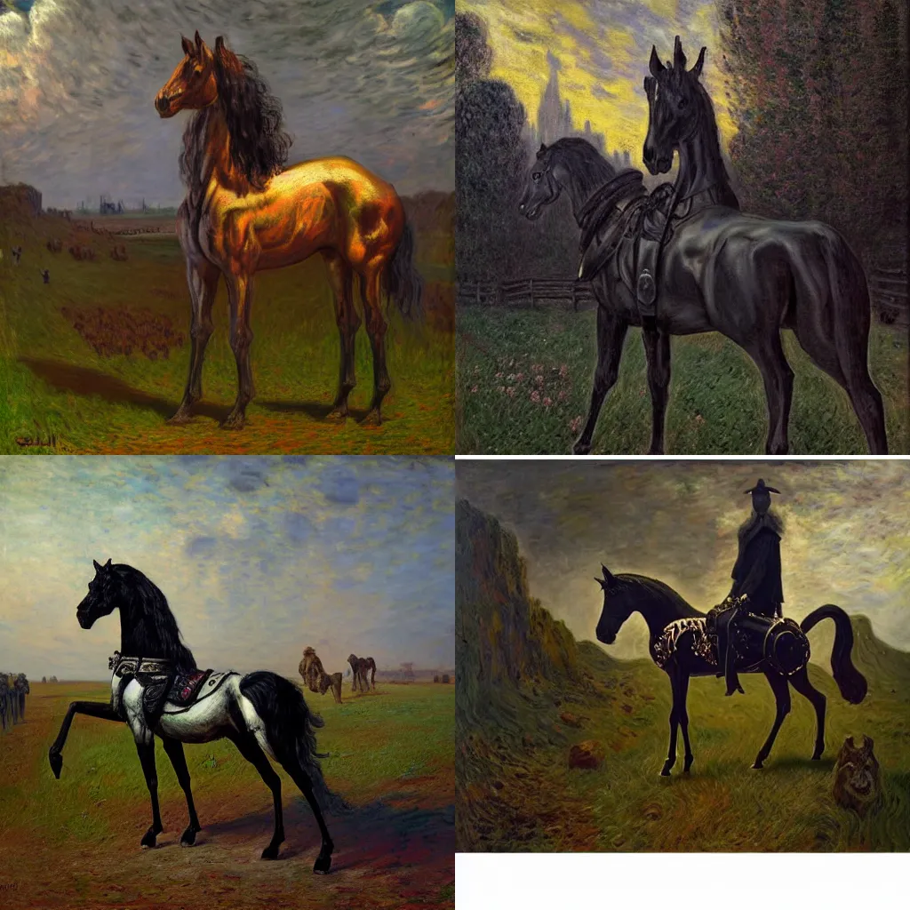 Prompt: Baroque portrait of a gothic horse by Simon Stålenhag and Claude Monet, Highly detailed, anatomically correct, dramatic lighting, fashion, oil on canvas