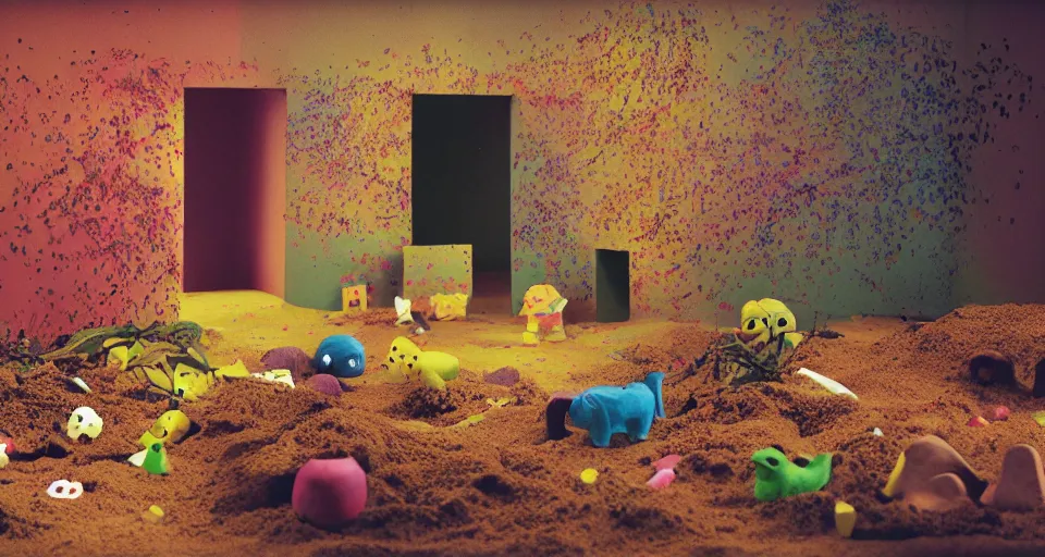 Prompt: IKEA catalogue photo, colorful children's bedroom, rainbow, toys, sand piled in corners, dust, organic, vines, overgrown, tropical, by Beksiński