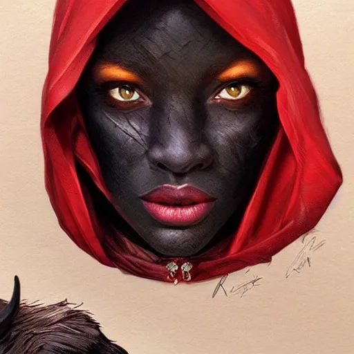 Prompt: Beautiful face Portrait of Little Red Riding Hood with a black panther, intricate, wild, highly detailed, digital painting, artstation, concept art, smooth, sharp focus, illustration, art by artgerm and greg rutkowski and alphonse mucha, footage from space camera