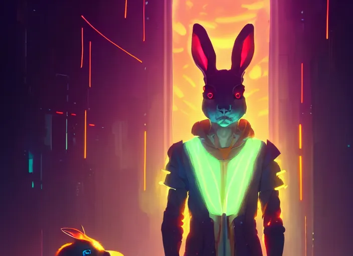 Prompt: cyberpunk rabbit wearing glowing robe, details, futuristic, epic, sacrificial altar, landscape illustration concept art anime key visual trending pixiv fanbox by wlop and greg rutkowski and makoto shinkai and studio ghibli and kyoto animation symmetrical facial features