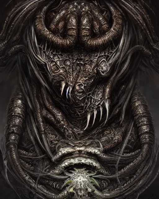 Image similar to cosmic lovecraft giger spider portrait, hyper detailed, digital art, trending in artstation, cinematic lighting, studio quality, smooth render, unreal engine 5 rendered, octane rendered, art style by klimt and nixeu and ian sprigger and wlop and krenz cushart.