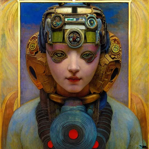 Image similar to the young robot goddess with her bird mask, by annie swynnerton and diego rivera and elihu vedder, symbolist, dramatic lighting, elaborate geometric ornament, head and shoulders, art brut, soft cool colors, smooth, sharp focus, extremely detailed, adolf wolfli and donato giancola