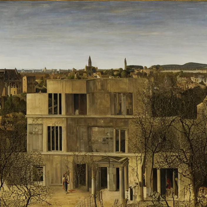 Image similar to a building in a landscape, by paul delvaux