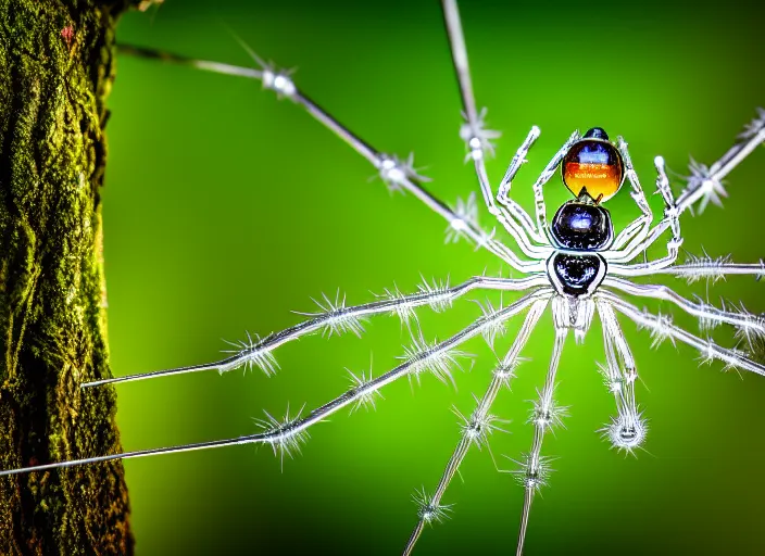 Image similar to macro portrait of a crystal spider in the forest. Fantasy magic style. Highly detailed 8k. Intricate. Nikon d850 300mm. Award winning photography.