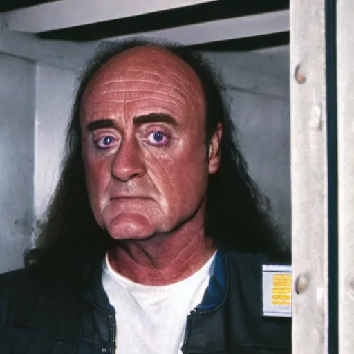 Image similar to Chancellor Gowron, son of M'Rel (Star Trek: Next Generation) and (Star Trek: Deep Space Nine) as portrayed by Robert O'Reilly standing in a rotting gas station bathroom, award winning photo, trending, hyperrealistic, 8k.