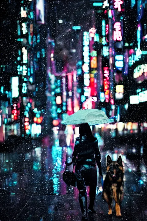 Prompt: sleek metallic female cyborg, walking a german shepard, futuristic tokyo cityscape, rain, neon signs, nighttime, no blur, high detail, cinematic,