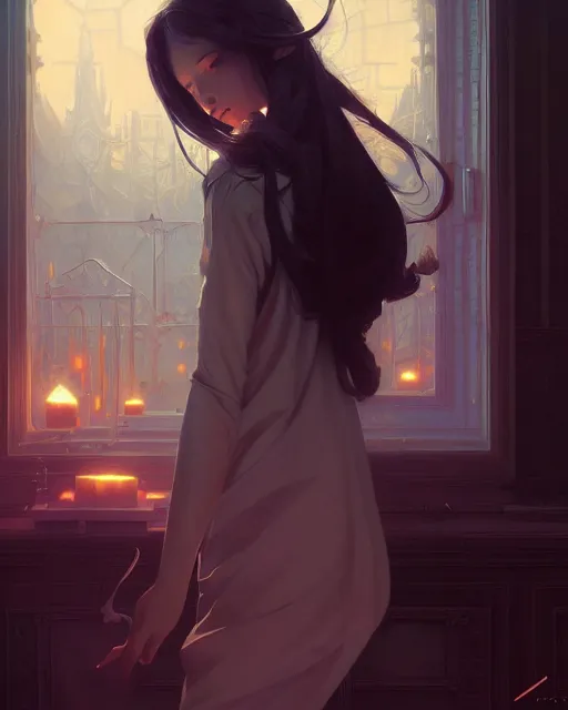 Prompt: banish fiction and illusion, long hair, digital painting by ilya kuvshinov, greg rutkowski, tooth wu, wlop, james jean, victo ngai, beautifully lit, muted colors, highly detailed, artstation, gothic, ornate, fantasy art by craig mullins, thomas kinkade