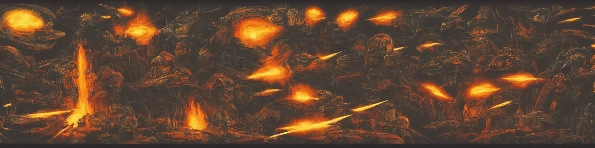 Image similar to sidescrolling shmup science fiction background fire theme and moai heads by frank frazetta