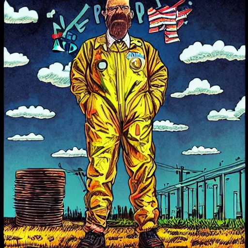 Image similar to The Artwork of R. Crumb and his Cheap Suit Breaking-Bad-Walter-White meth-lab, wearing a bio-hazard suit pencil and colored marker artwork, trailer-trash lifestyle