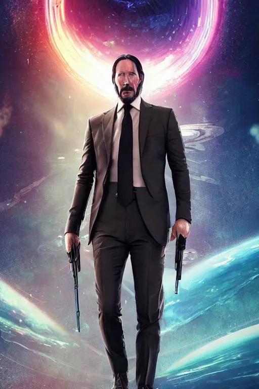 Image similar to John Wick in a space suit with no helmet, full body shot, Artstation, Artstation Trending, Pinterest, Deviant Art, cinematic, concept art, 8k, cgsociety, hyper detailed, ultra realistic, illustration, epic, high resolution, post processing, high quality, unreal engine, digital art, very coherent, octane render, art by Yi Yang artstation + StTheo + Alan Van Ryzin,-W 512