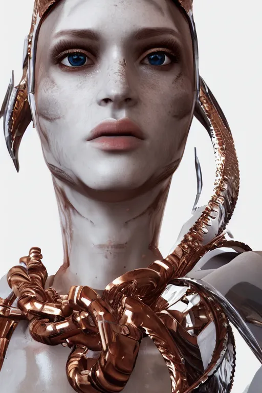 Image similar to white cyborg fashion shot, copper spiral decorations, white elegant baroque design, smooth heads, headshot half figure, photorealistic, 8k, hyper detailed, unreal engine, trending on artstation,