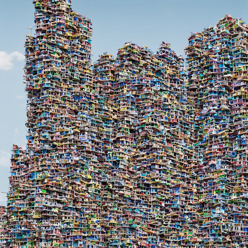 Prompt: intertwined high towers with colourful stacked makeshift squatters, uniform plain sky, mamiya, very sharp, very detailed, photographed by cristina de middel