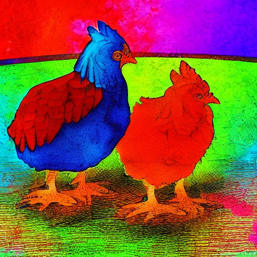 Prompt: a hen with her two chicks walking over a rainbow, digital art, high detail, colorful vibrant colors