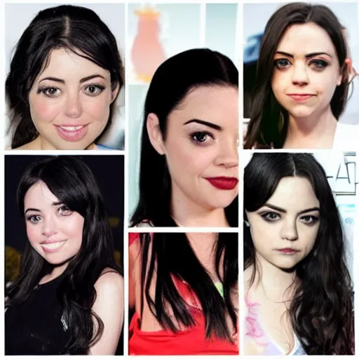 Image similar to ! dream a girl with long black hair and thick eyebrows, her face is a mix between aubrey plaza, ( ( ( lucy hale ) ) ), karen fukuhara, sarah hyland, anne hathaway and christina ricci