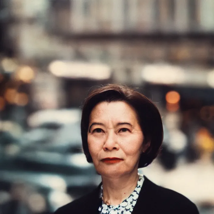 Prompt: medium format film close up portrait of a walking business woman in new york by street photographer, 1 9 6 0 s hasselblad film photography, featured on unsplash, soft light photographed on colour vintage film