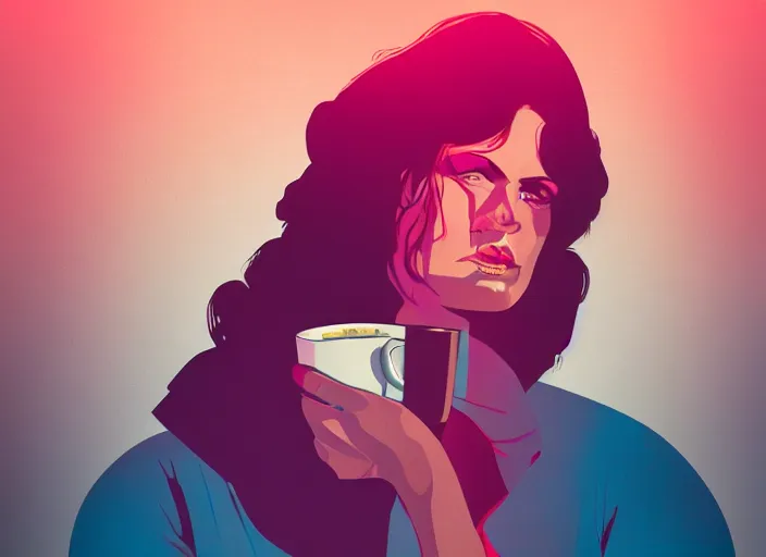 Image similar to portrait of a heroine drinking coffee,vivid, Mads Berg, Karolis Strautniekas, dramatic lighting,film grain, editorial illustration, detailed, gradation, dynamic composition,moody, cinematic,extreme perspective,bright colors, art deco illustration