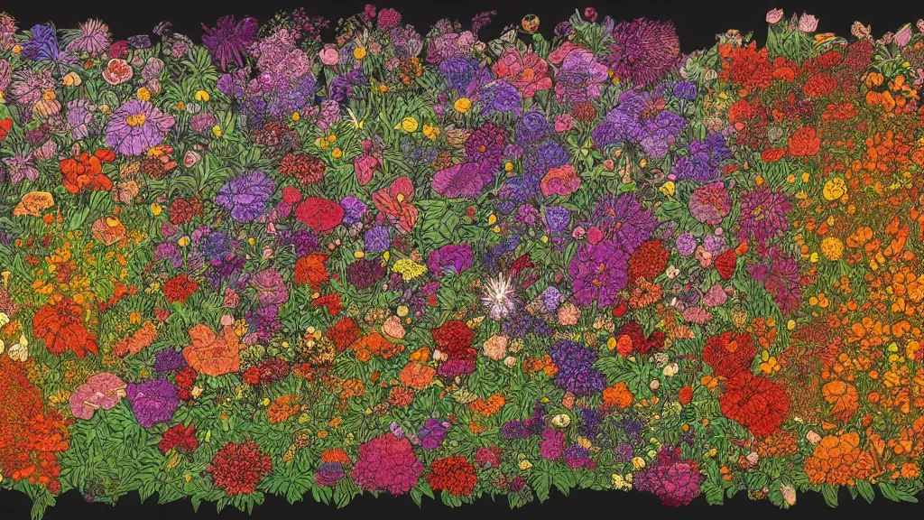 Prompt: highly detailed illustration of an explosion of all known species of flowers by moebius, 4 k resolution, realistic colors