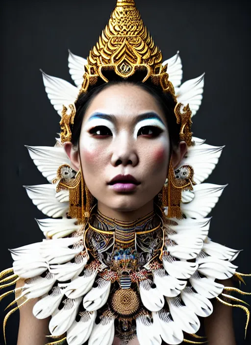 Image similar to absurdly beautiful young thai woman with symmetrical white makeup, wearing an intricate headdress made from bones, wearing large earrings made from white bones, hyperdetailed illustration by irakli nadar and alexandre ferra, intricate linework, in the style of a national geographic portrait, unreal engine 5 highly rendered, global illumination, radiant light, detailed and intricate environment