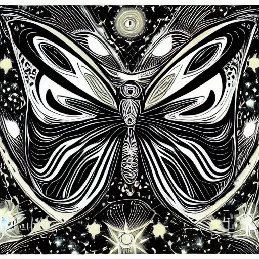 Prompt: cosmic nebula butterfly by Ed Hardy, matte black background, horizontal symmetry