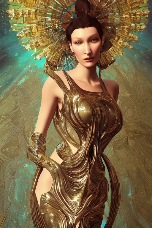 Image similar to a highly detailed portrait of a beautiful alien goddess bella hadid in iris van herpen dress schiaparelli in diamonds in style of alphonse mucha art nuvo trending on artstation made in unreal engine 4