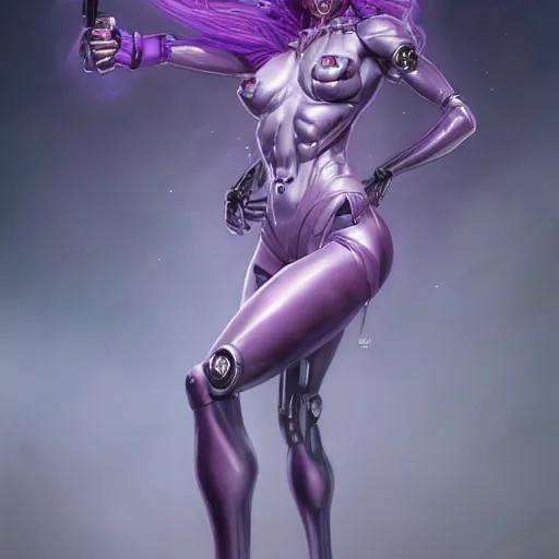 Prompt: a detailed full body portrait of a purple haired woman fused with cybernetics, by dorian cleavenger, greg rutkowski, wlop, astri lohne, zdzisław beksinski trending on artstation