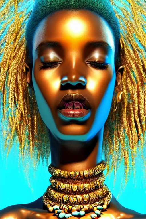 Image similar to hyperrealistic full body very expressive! translucent african goddess, cinematic underwater scene, gold jewerly, highly detailed face, digital art masterpiece, smooth eric zener cam de leon, dramatic pearlescent turquoise light on one side, low angle uhd 8 k, shallow depth of field